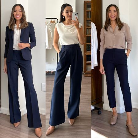 3 ways to style navy for the office 

Outfit 1: Theory suit & Everlane silk blouse 
Outfit 2:
• Abercrombie trousers - 25 standard 
• heels & loafers - sold out, linked similar 

Outfit 3: Silk blouse & Ann Taylor pants 

Business casual / business professional/ workwear / neutral workwear outfits 

#LTKworkwear #LTKstyletip