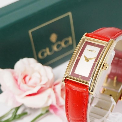 GUCCI square red leather belt ladies watch gold with box | eBay US