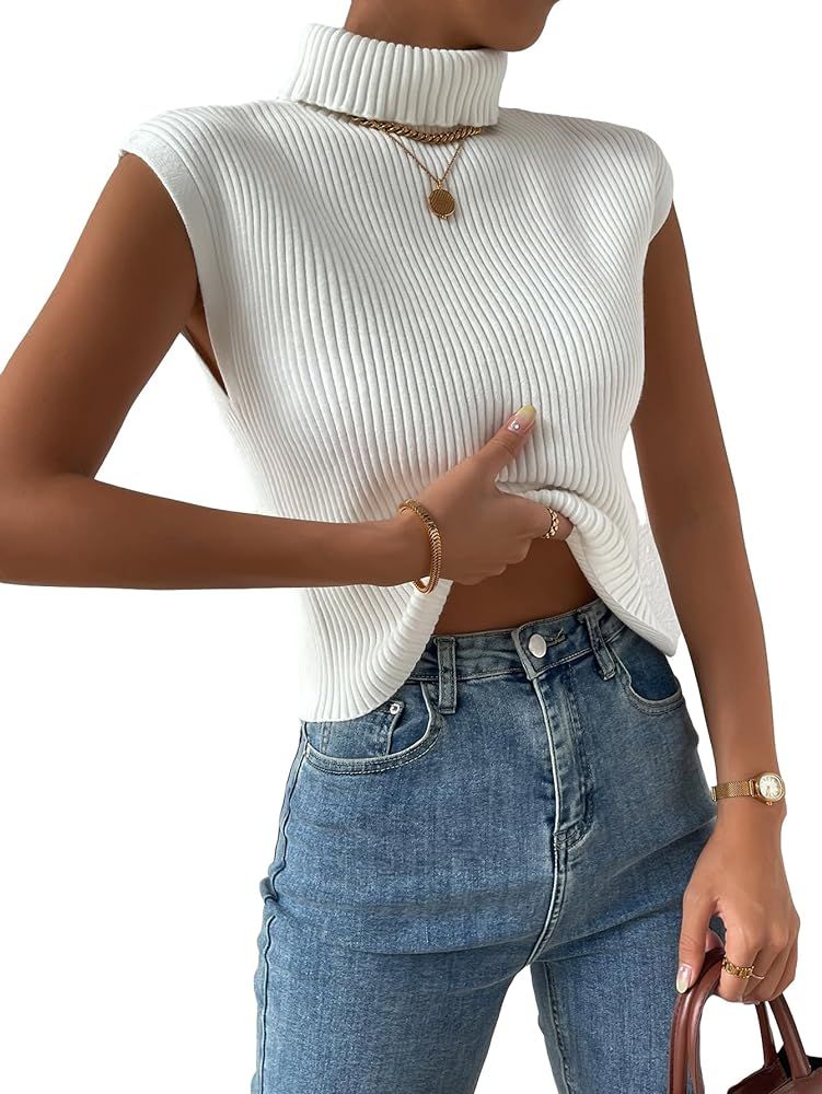 COZYEASE Women's Turtleneck Ribbed Knit Sweater Vest Stretchy Sleeveless Tank Knit Tops | Amazon (US)