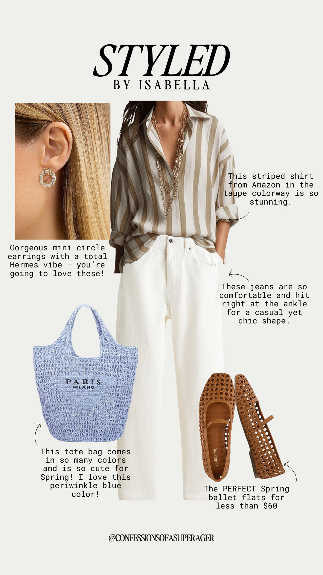 Effortless spring style starts with chic wardrobe staples 🤍 This neutral outfit pairs a relaxed striped button-down with flattering ankle-length white jeans, woven ballet flats under $60, a cute periwinkle tote, and elegant gold statement earrings—perfect for everyday outfits, casual chic looks, and easy spring fashion. Tap to shop these affordable fashion finds before they sell out! #SpringStyle #CasualChic #EverydayOutfits #AffordableFashion #AmazonFashion #CapsuleWardrobe #LTKStyle #SpringOutfits #ClassicStyle #FashionFinds 

 

#LTKSeasonal #LTKOver40 #LTKSaleAlert