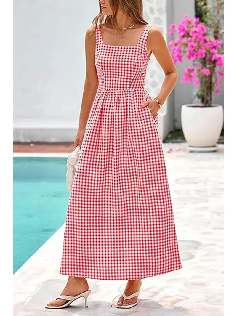 PRETTYGARDEN Women's Summer Spaghetti Strap Maxi Dresses Plaid Square Neck A Line Casual Beach Va... | Walmart (US)