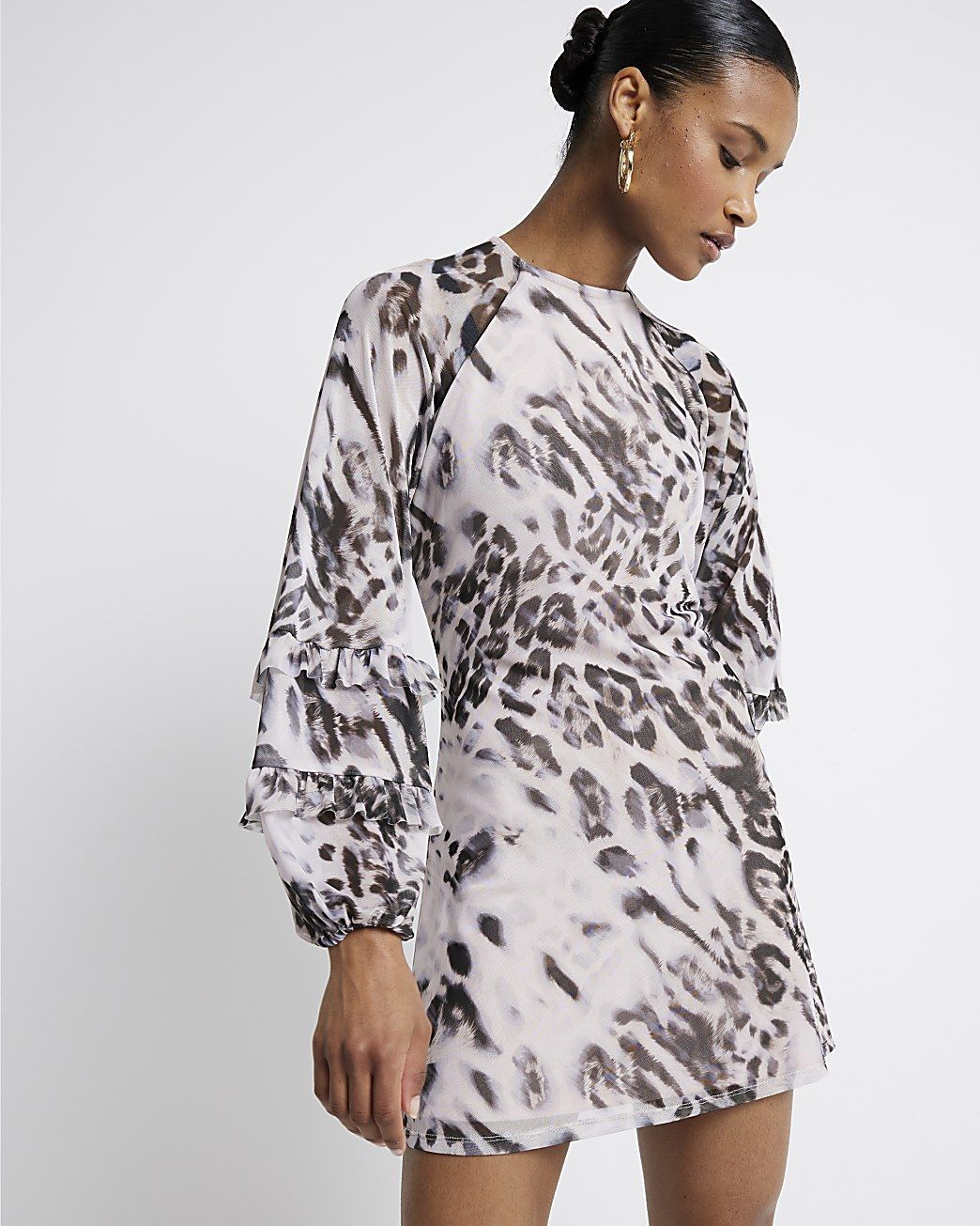 Grey leopard print frill swing mini dress | River Island (UK & IE)