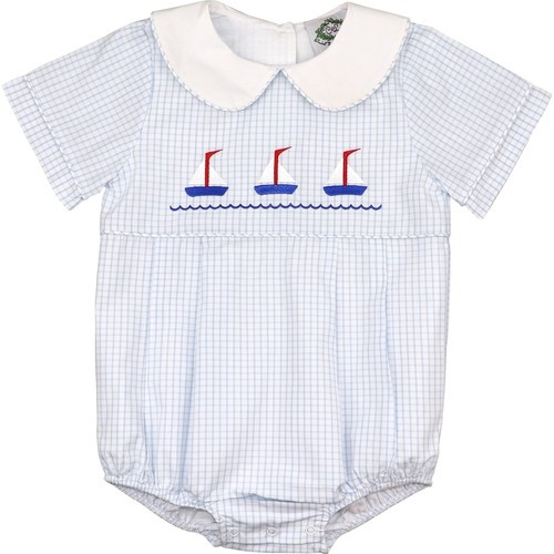 Blue Windowpane Embroidered Sailboats Bubble | Cecil and Lou