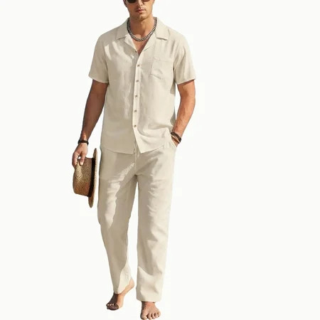 COOFANDY Men s Beach Outfits 2 Piece Linen Sets Casual Button Down Cuban Shirt and Loose Pant Sets | Walmart (US)