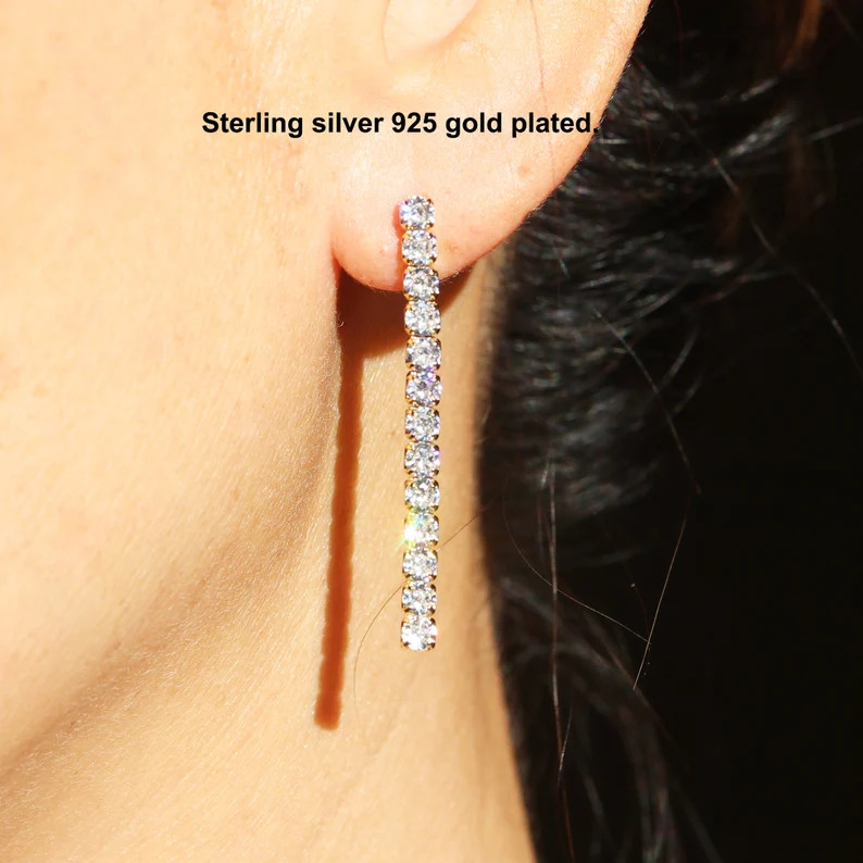 Rhinestone tennis Bar Strip Drop Dangle Earrings, silver 925 and Gold plated over silver 925, Spa... | Etsy (US)