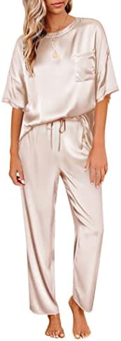 Ekouaer Womens Satin Silky Pajama Set Short Sleeve Shirt with Long Pajama Pant Set Soft PJ Lounge... | Amazon (US)