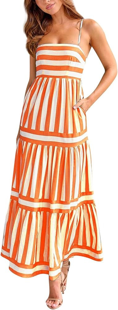 HXHYQKP Long Sundresses for Women 2025 Spaghetti Strap Graffiti Dresses Graphic A Line Swing Long... | Amazon (US)