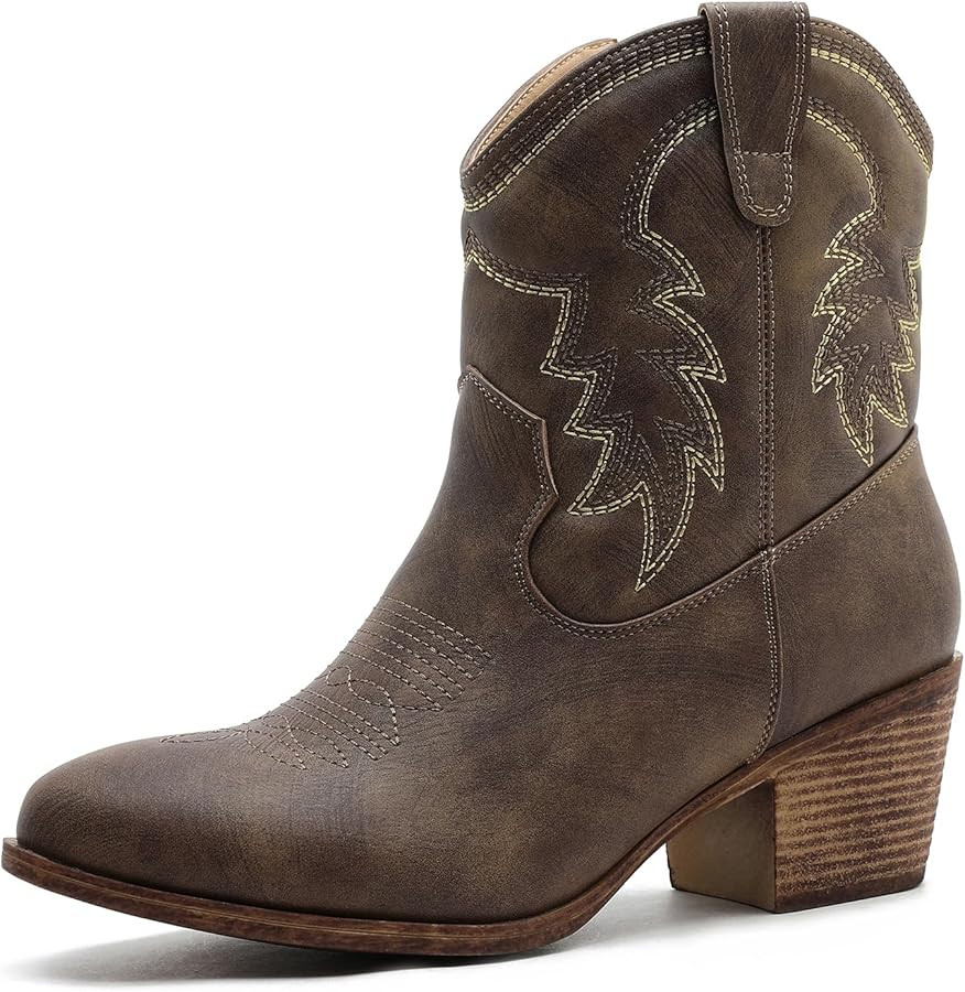GLOBALWIN Women’s Cowgirl Boots Ankle Brown Cowboy Boots With Embroidered Stitching Low Heel Co... | Amazon (US)