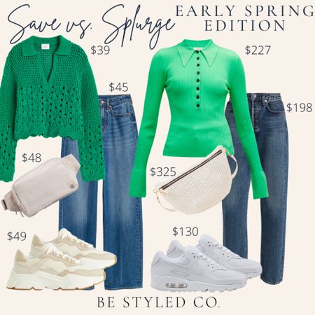 Save vs splurge Spring edition - denim spring outfit idea a
- Kelly green sweater - sneaker outfit idea 

#LTKunder100 #LTKFind #LTKSeasonal