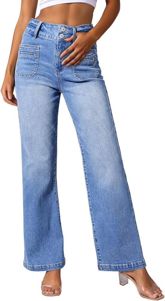 Sidefeel Womens Jeans High Waisted Trendy 2025 Stretchy Straight Wide Leg Pockets Front Bootcut A... | Amazon (US)