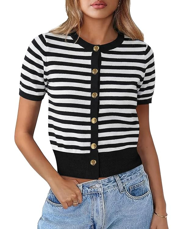 Kistore Womens Summer Casual Short Sleeve Sweater Cardigan Button Down Crew Neck Knitted Crop Car... | Amazon (US)