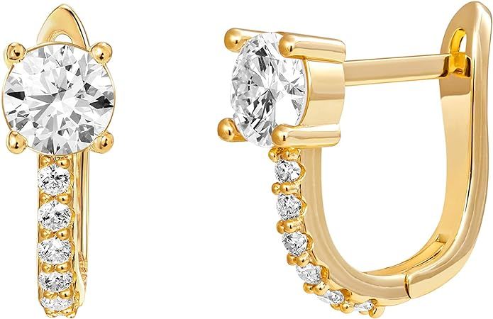 PAVOI 14K Gold Plated Cubic Zirconia Cuff Earrings Huggie Stud with Main Stone | Amazon (US)