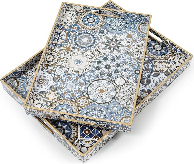 2 Pcs Serving Tray with Handles Bohemian Decorative Tray Large Ottoman Trays for Living Room Blue... | Amazon (US)