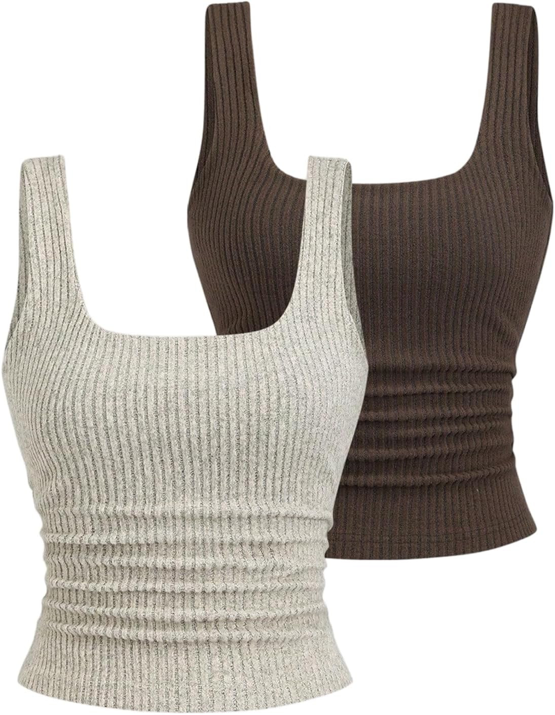BEAUDRM Women's 2 Pack Tank Tops Square Neck Sleeveless Ribbed Knit Going Out Top | Amazon (US)