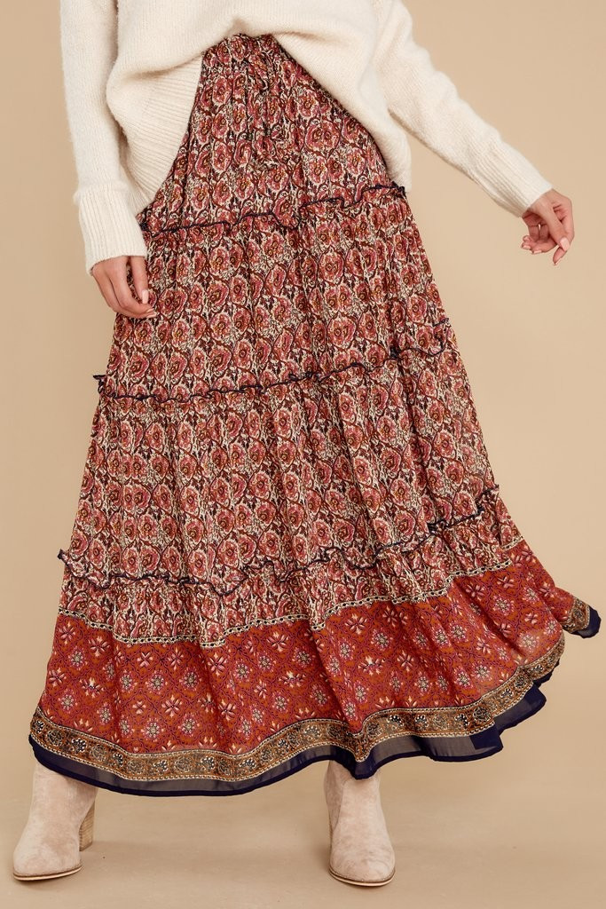 Let's Start Again Rust And Mauve Print Maxi Skirt | Red Dress 