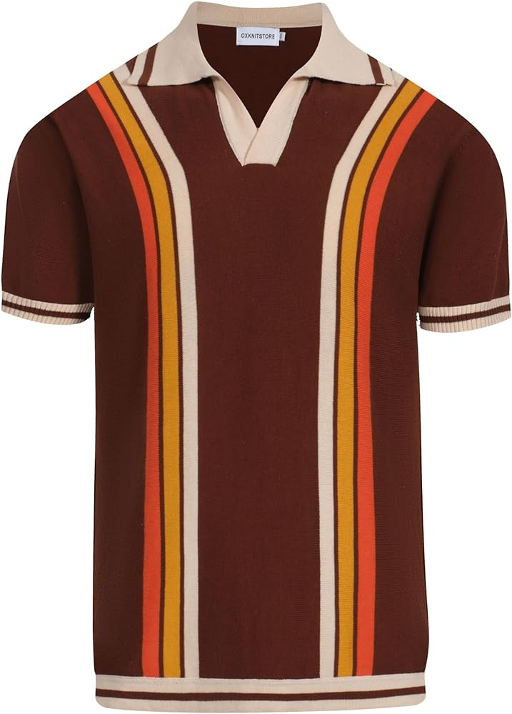 OXKNIT Mens Retor Polo Striped Brown V-Neck Knitted Shirt 1960s Mod Style Vintage Collared T Shir... | Amazon (US)