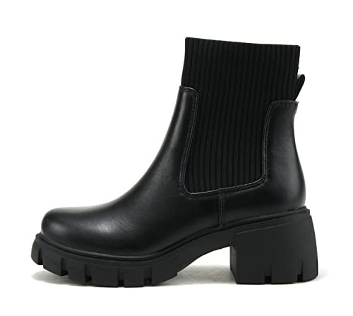 Soda ZORDY ~ Women Lug Sole Mid Heel Chelsea Fashion Elastic Sock Shaft Ankle Bootie (Black Pu, us_footwear_size_system, adult, women, numeric, medium, numeric_7_point_5) | Amazon (US)