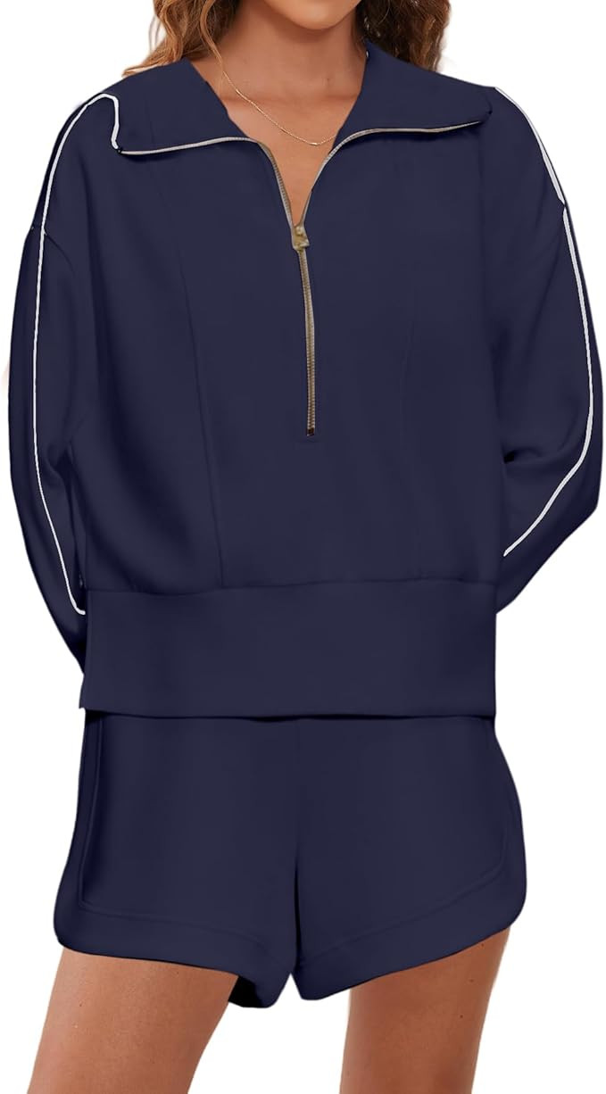 Women Two Piece Outfits Y2K Half Zip Lapel Collar Long Sleeve Side Slit Sweatshirt High Waist Sho... | Amazon (US)