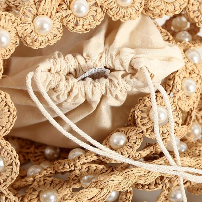 Hand-woven Hollow Out Soft Straw Shoulder Bag with Pearl Flower, Boho Straw Handle Tote Summer Be... | Amazon (US)