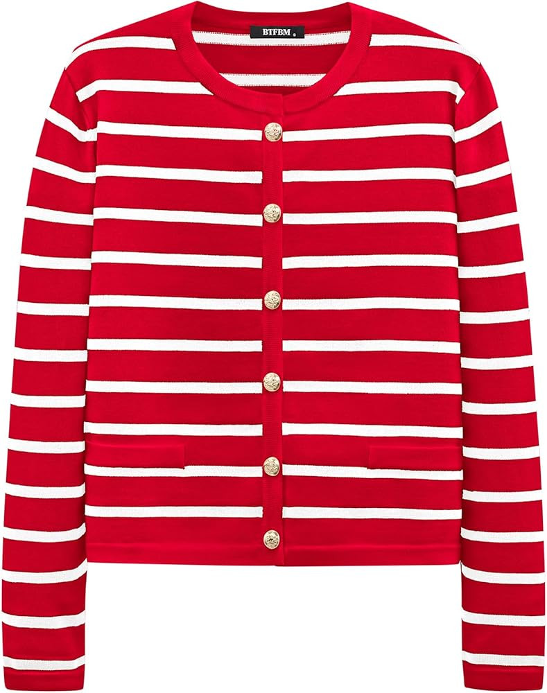 BTFBM Women's Cardigans Sweater 2024 Fall Striped Long Sleeve Button Down Crop Open Front Knit Ou... | Amazon (US)