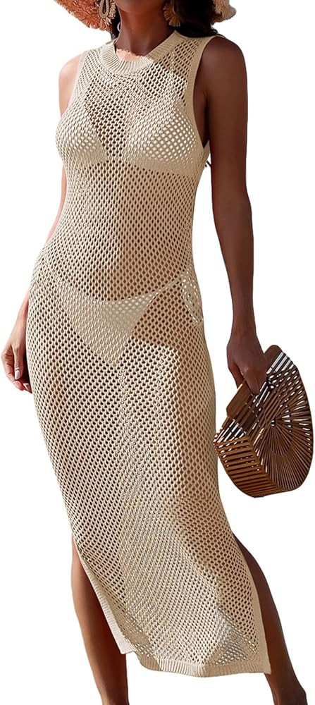 Pink Queen Women Crochet Swimsuit Cover Up Hollow Out Sleeveless Beach Dress Side Split Knit Cove... | Amazon (US)