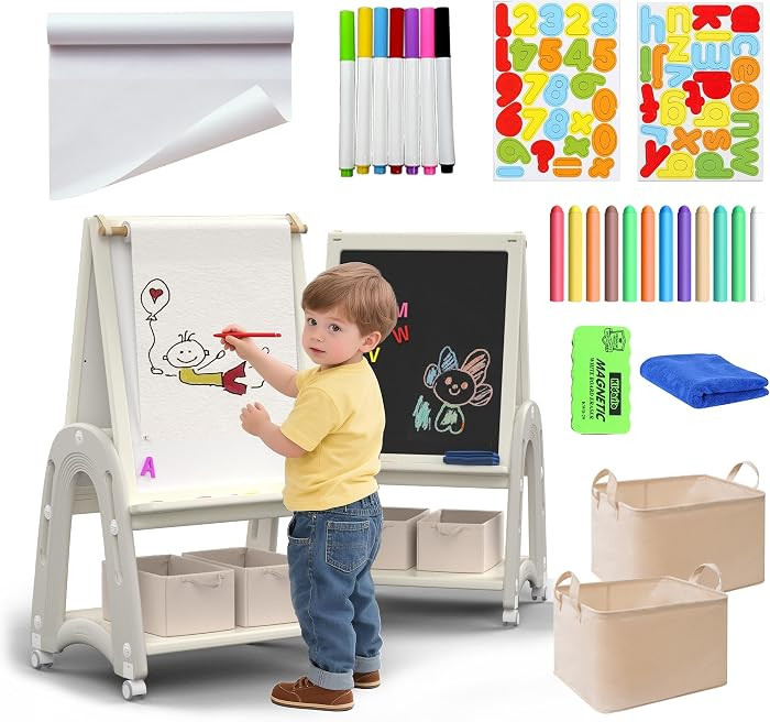 Art Easel for Kids 2-4 with Wheels, Whiteboard, Chalkboard & Paper Roll Adjustable Height 3-in-1 ... | Amazon (US)