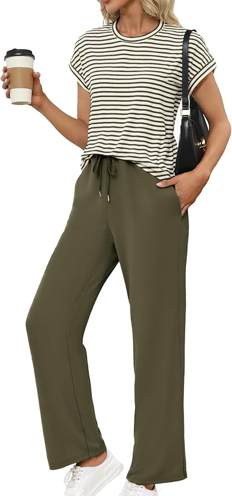 Glamaker Women's 2 Piece Sets Striped Summer Outfits Short Sleeve Shirts Wide Leg Pants Casual Lo... | Amazon (US)