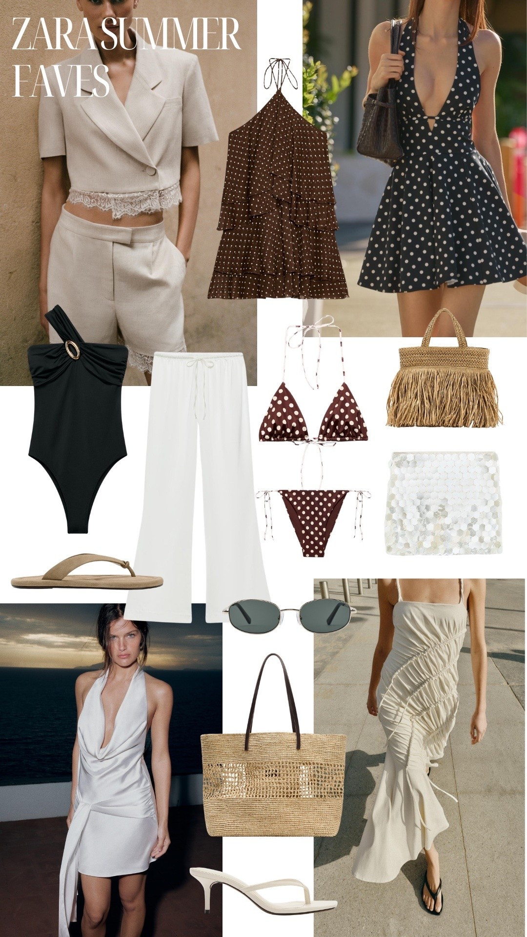 Zara new in summer holiday favourites 🤍 vacation outfits, beach, city trip, resort wear, maxi dresses, polka dot, chocolate brown, fringe raffi bag, sequin shell mini skirt

#LTKsummer #LTKdresses #LTKswimwear