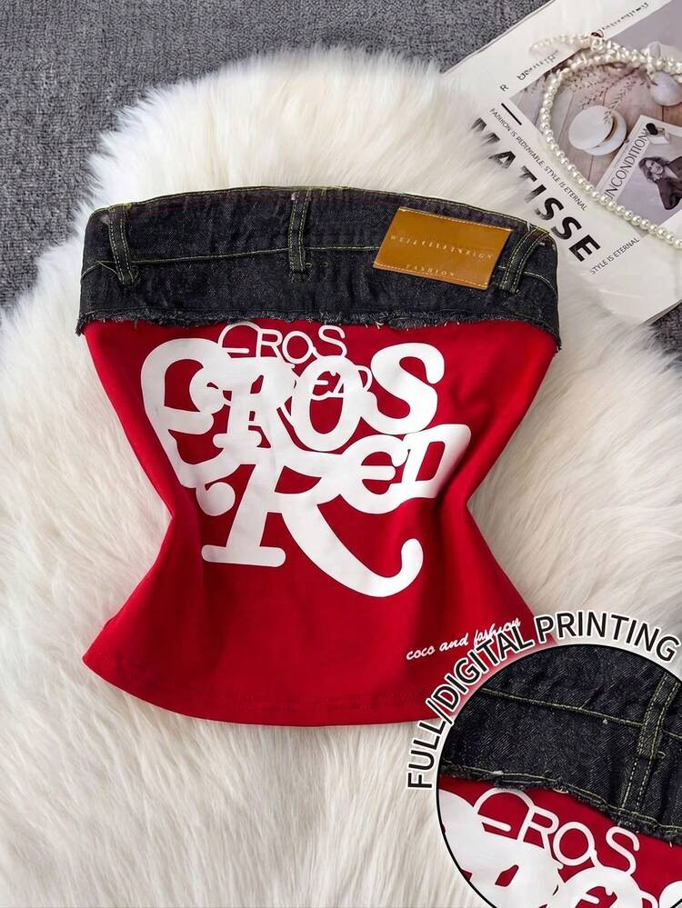 Resyla Women's Y2K Cute & Playful Fashion Letter Print Patchwork Fabric Bandeau Top, Summer | SHEIN