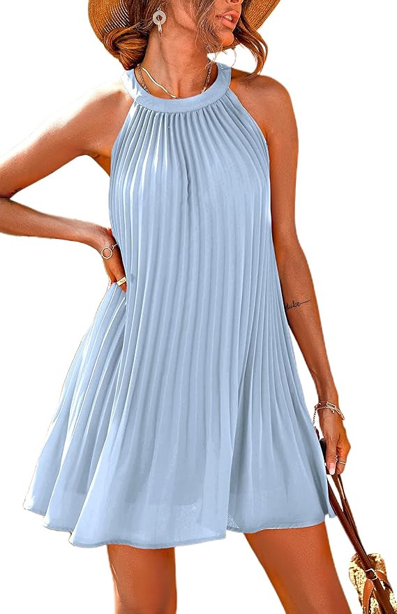 PRETTYGARDEN Women's Cute Halter Neck Sleeveless Mini Dress Solid Color Flowy Pleated Beach Dress... | Amazon (US)