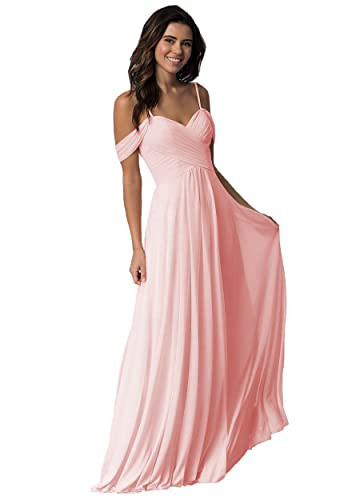 Miao Duo Chiffon Light Pink Bridesmaid Dresses with Pockets Long Off Shoulder Straps Formal Wedding Party Dress for Women Light Pink 16W | Amazon (US)