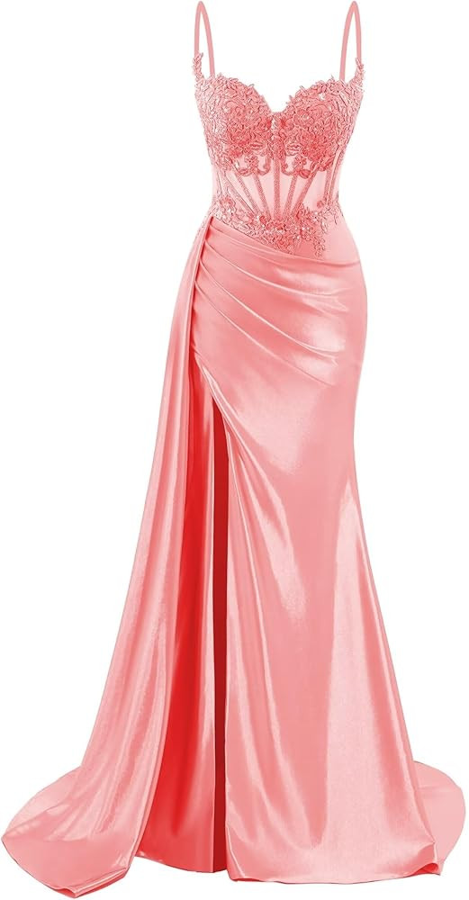 Spaghetti Strap Satin Prom Dresses Long Mermaid Lace Formal Gowns Corset Evening Party Dresses wi... | Amazon (US)