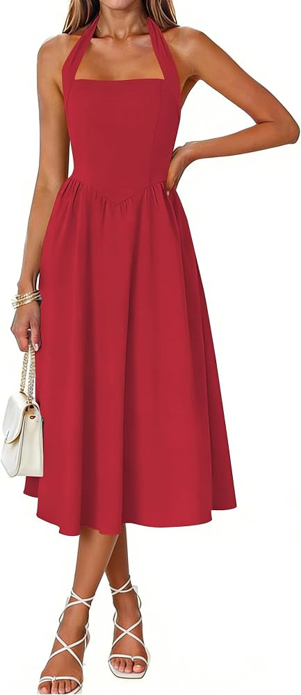 Naggoo Women's Summer Halter Midi Dress Sleeveless High Waist Swing Beach Long Dresses | Amazon (US)