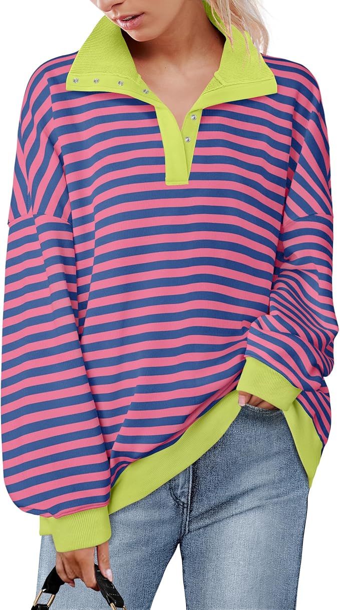 ZESICA Sweatshirts for Womens Long Sleeve Lapel V Neck Striped Oversized Tops | Amazon (US)