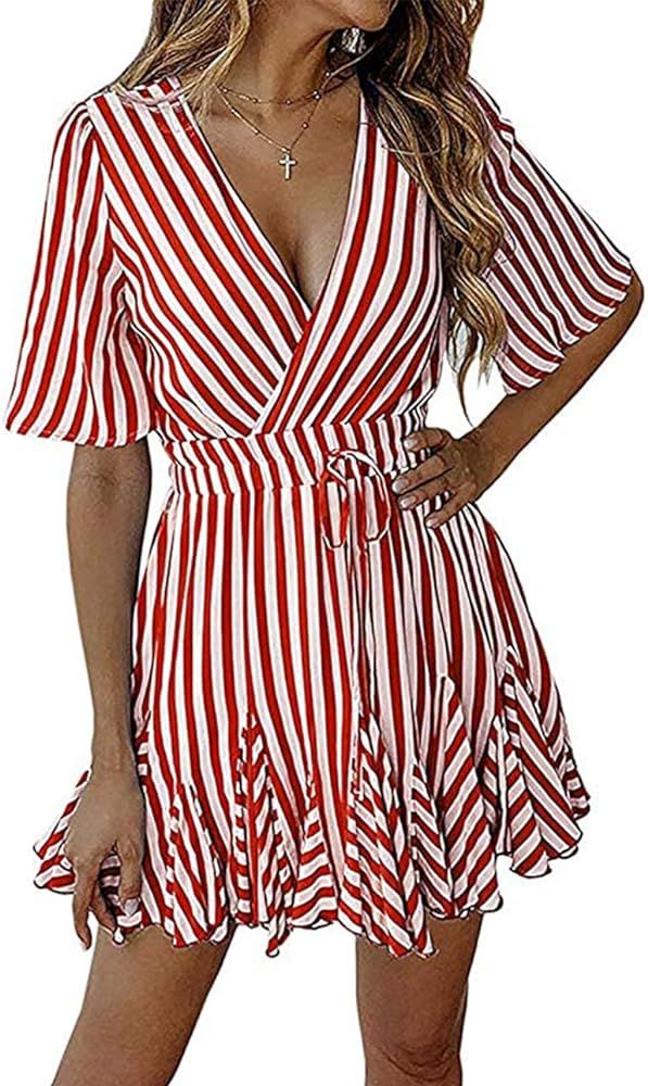 PRETTYGARDEN Women's Summer Deep V Neck Short Sleeve Striped Wrap Ruffle Hem Pleated Mini Dress | Amazon (US)