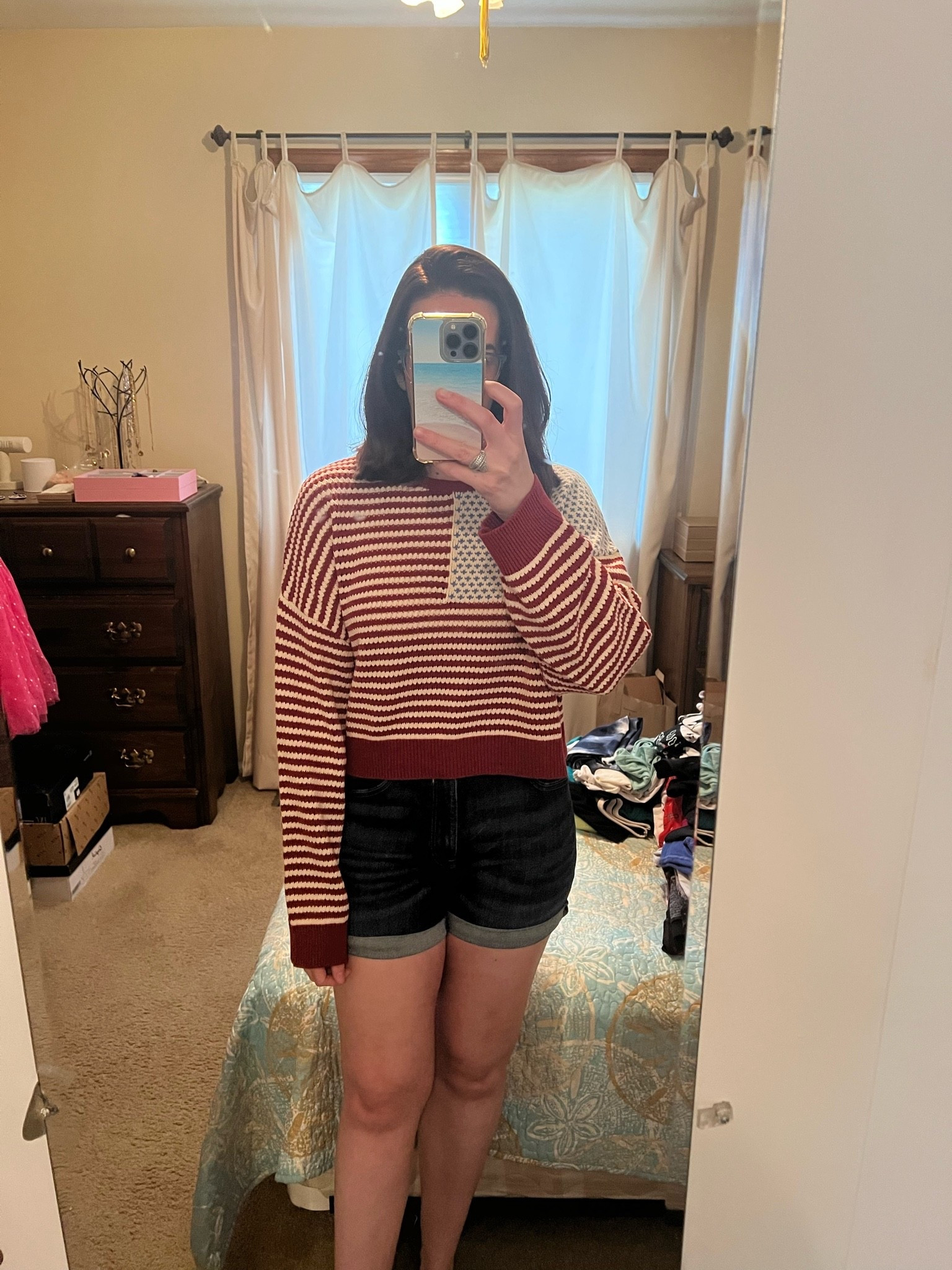 American flag sweater (m). Dark denim shorts (4). Beige gold slides (8.5). #sweater #americanflagsweater #flagsweater #shorts #denimshorts #darkwashshorts  #summeroutfits 
summer outfits
summer outfits over 40

#LTKootd #LTKSeasonal