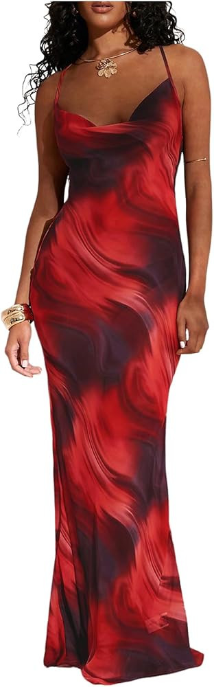 MakeMeChic Women's Mesh Cheetah Floral Maxi Coverup Dress Cowlneck Backless Criss Cross Beach Dre... | Amazon (US)