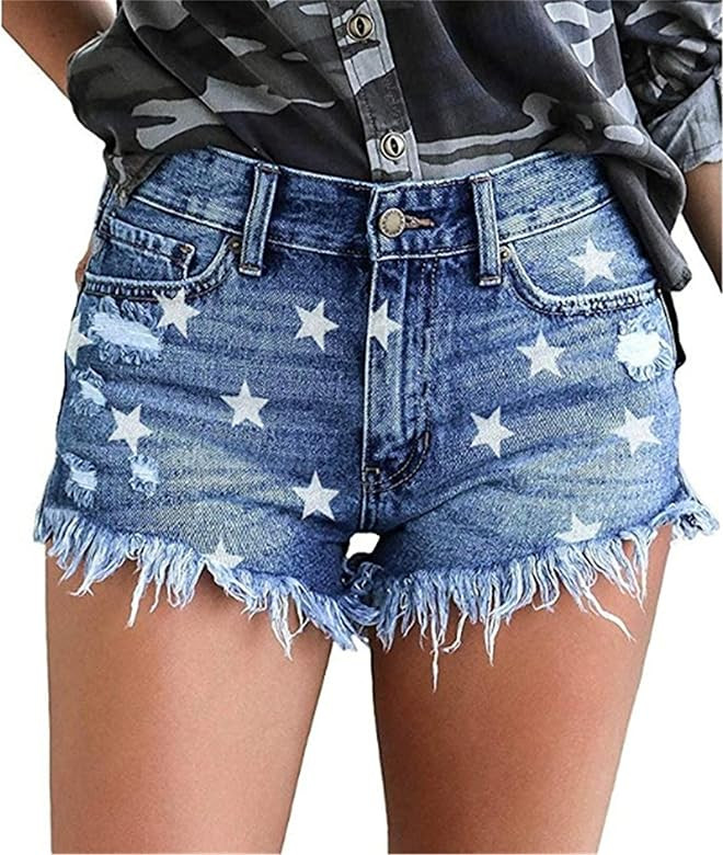 KISSMODA Women's Casual Denim Shorts Frayed Raw Hem Ripped Summer Jeans Rolled Up Stretchy Hot Sh... | Amazon (US)