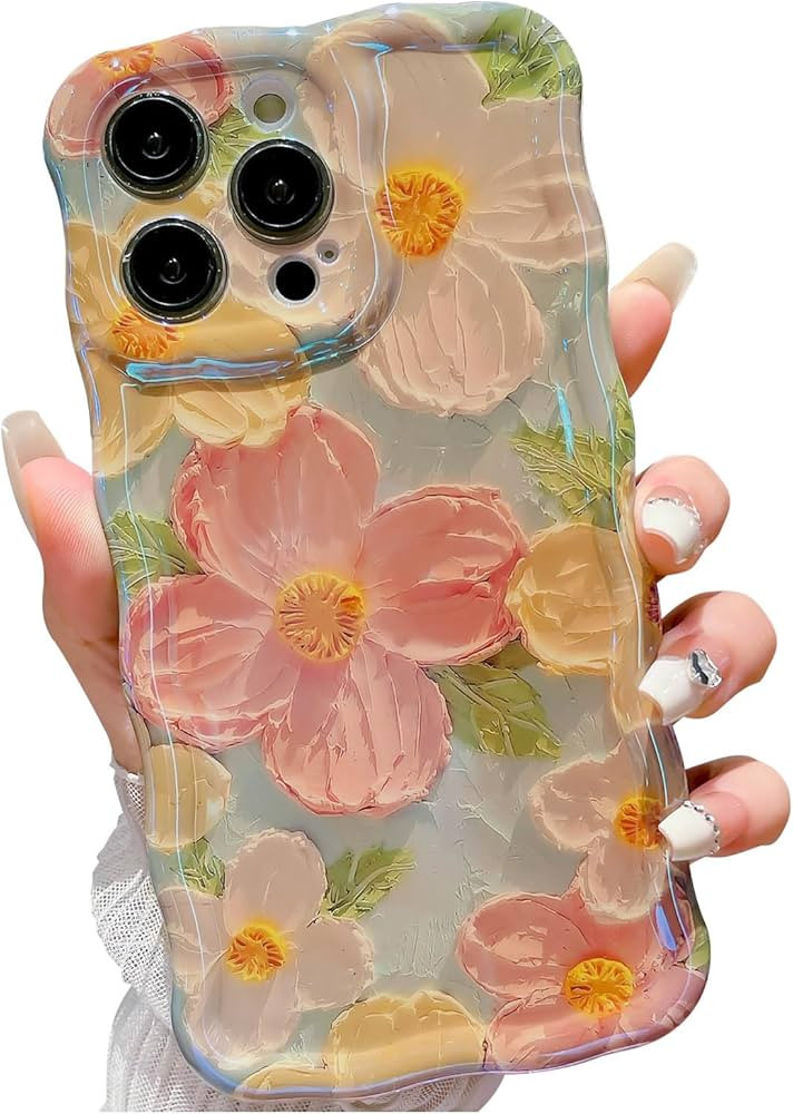 SPOBIT for iPhone 15 Pro Max Case, Colorful Retro Oil Painting Flower Cute Curly Wave Border Flor... | Amazon (US)