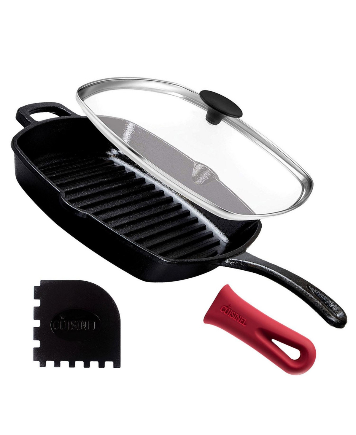Cuisinel Cast Iron Square Grill Pan with Glass Lid - 10.5 Inch Pre-Seasoned Skillet - Black | Macy's