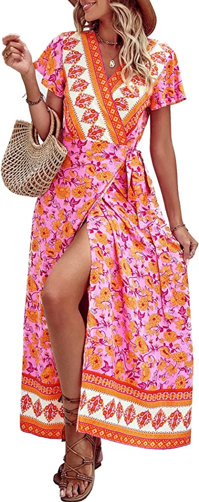 PRETTYGARDEN Women Boho Summer Side Split Deep V Neck Short Sleeves Maxi Dress with Belt | Amazon (US)