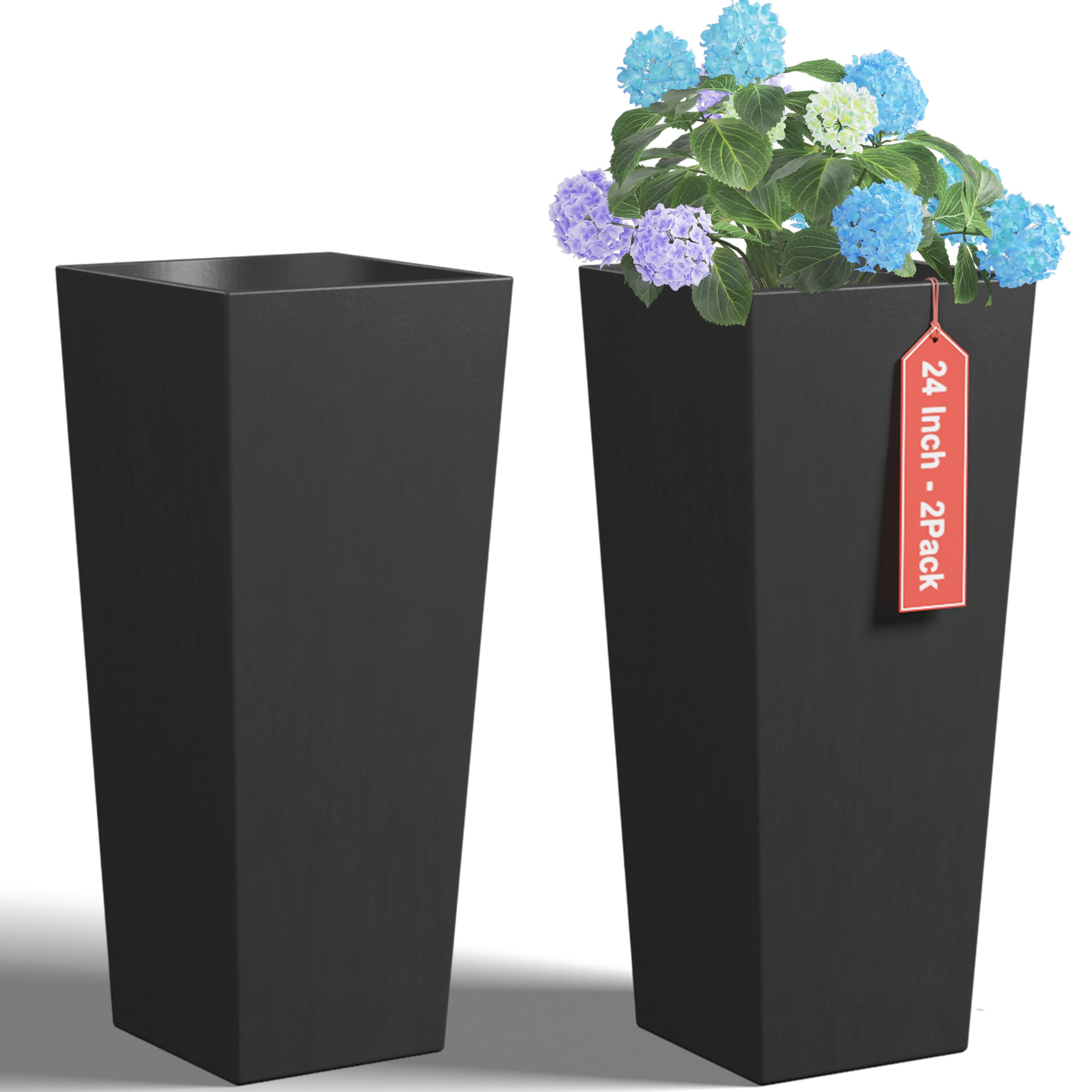 GreatBuddy Tall Black Planter for Outdoor Plants, 24" Outdoor Planters for Porch, Large Black Planter with Shelf Insert for Front Porch, Patio, Backyard, Set of 2 | Amazon (US)