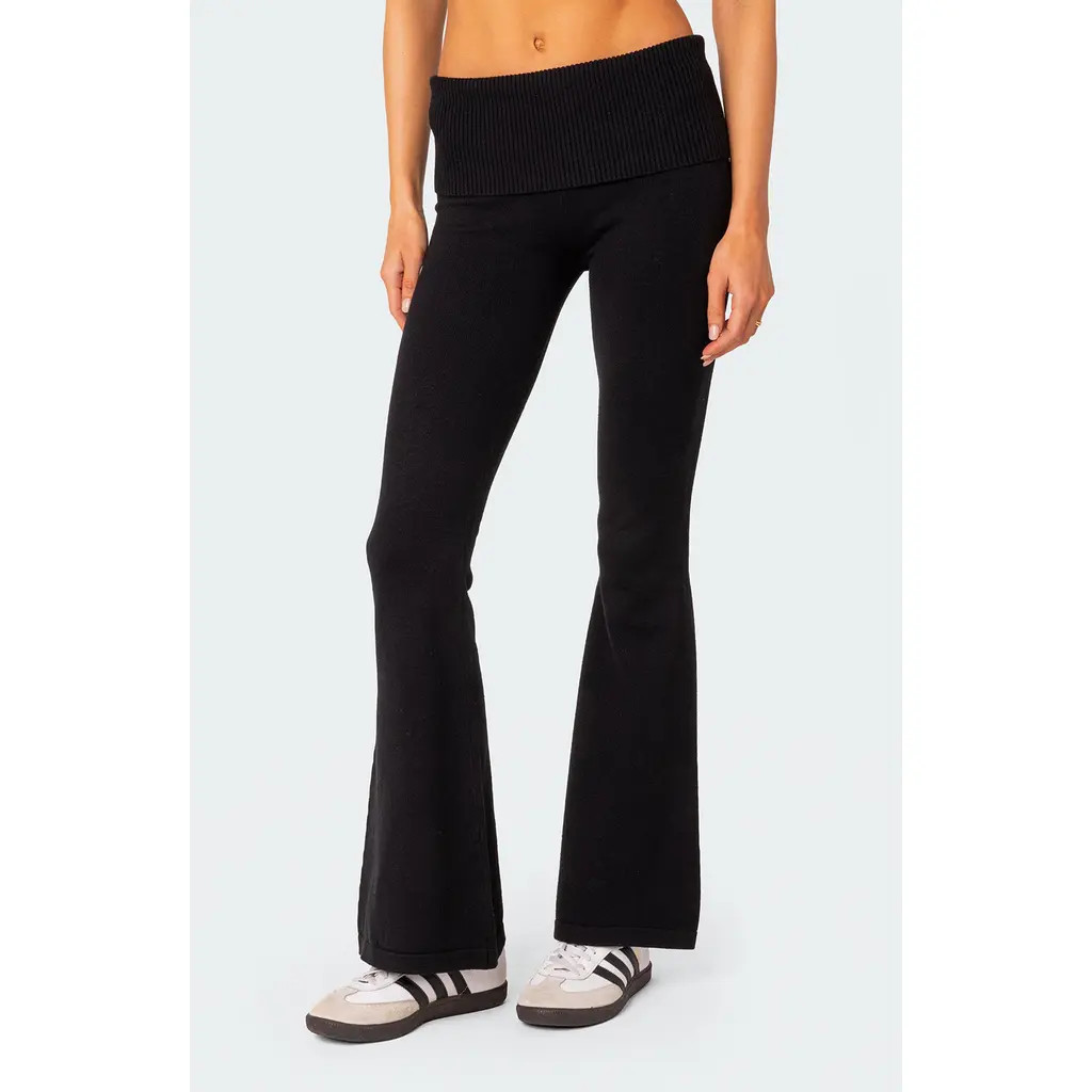 EDIKTED Desiree Foldover Flare Pants in Black at Nordstrom, Size Medium | Nordstrom