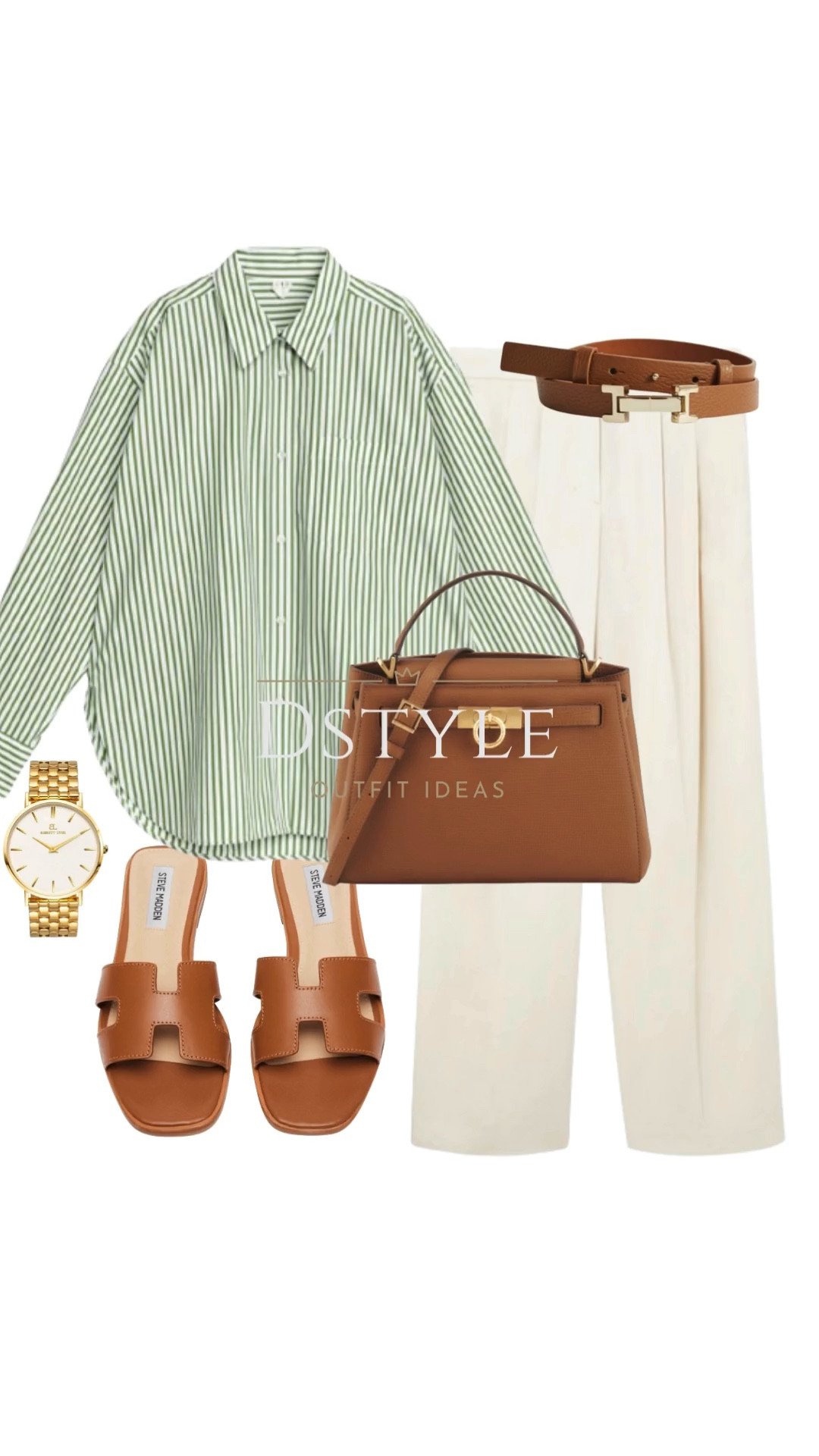 Cream trousers, cream pants, tan leather accessories, brown bag, brown slide sandals, green striped shirt, leopard print top, striped tank top. Ootd, summer outfits, ways to wear

#LTKSaleAlert #LTKStyleTip #LTKShoeCrush