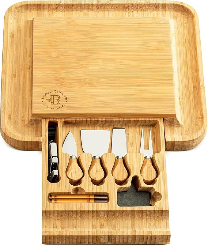 Bamboo Cheese Board and Knife Set - Large Charcuterie Board, Wood Serving Platter - Unique Valent... | Amazon (US)