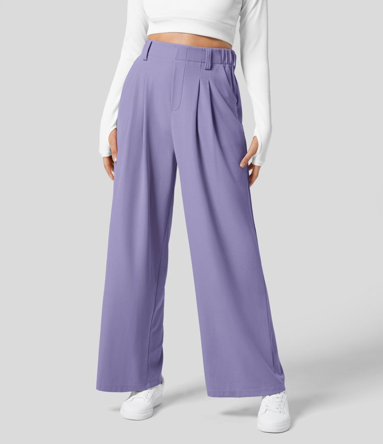 High Waisted Plicated Side Pocket Wide Leg Waffle Work Pants | HALARA