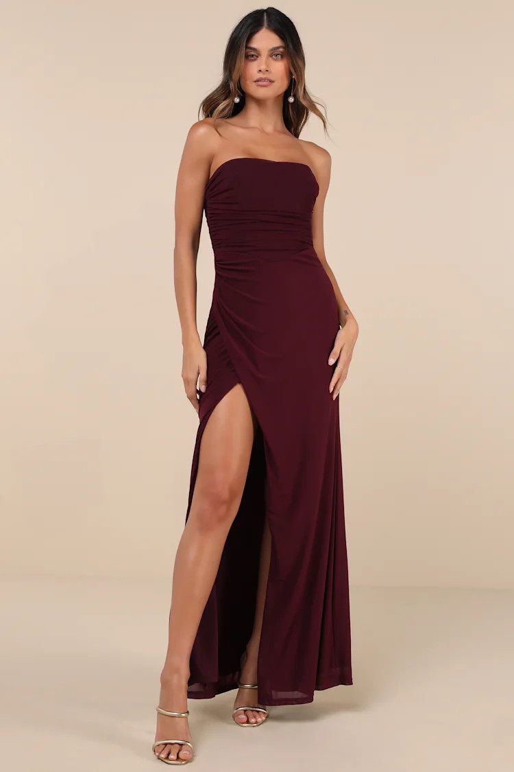 Epitome of Allure Purple Mesh Strapless Ruched Maxi Dress | Lulus
