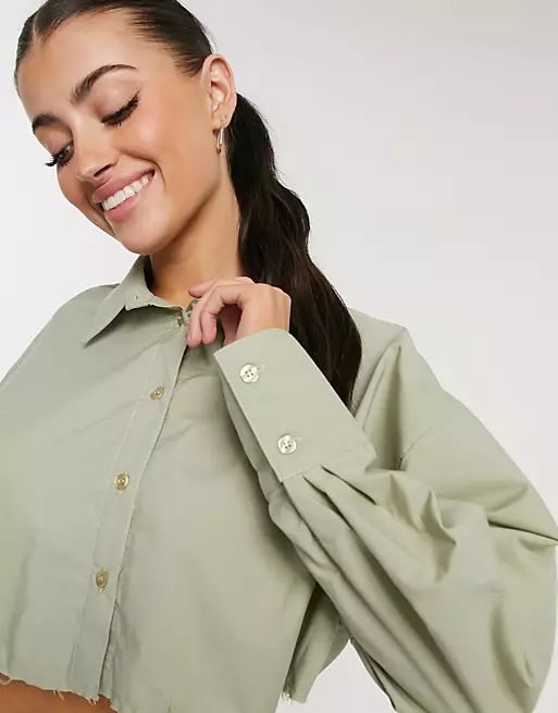 ASOS DESIGN cropped shirt with raw hem in washed khaki | ASOS (Global)