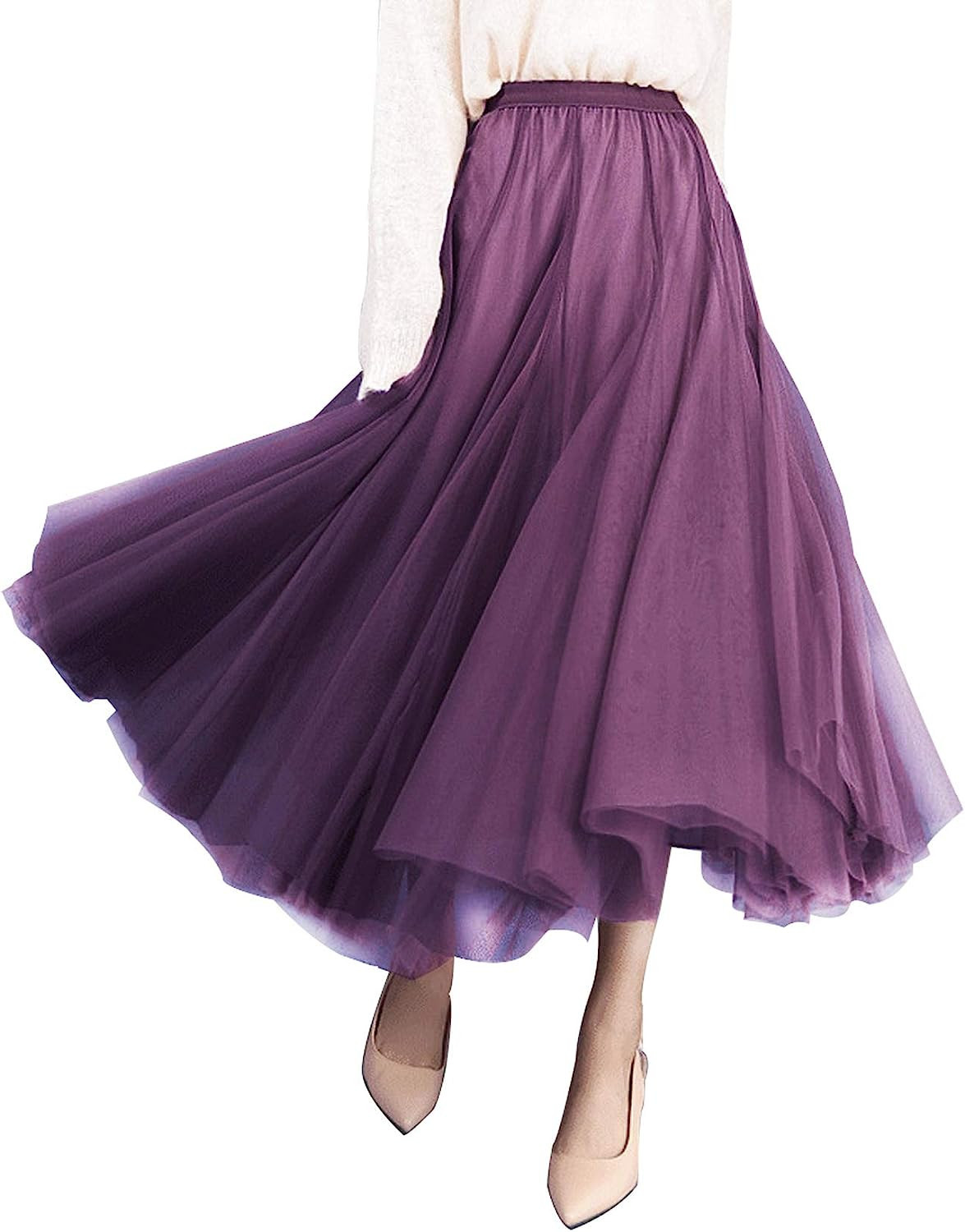 Women Tulle Fairy Skirt Mesh Puffy Tutu Cake A-Line Flared Long Elastic Waist | Amazon (US)