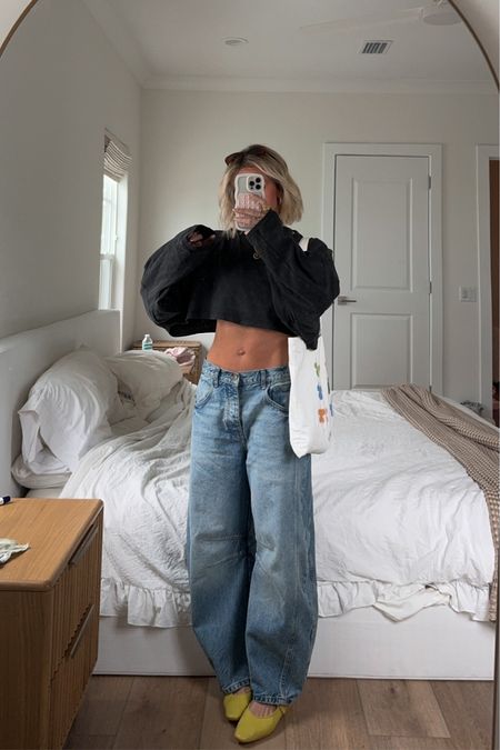 27 in jeans  Top & shoes unable to be linked through this app so including the links below! 

Top: https://www.joahbrown.com/products/slouchy-crop-long-sleeve-washed-black-cotton

Shoes: https://shop-peche.com/collections/flats/products/lulu-1

#LTKsalealert #LTKU #LTKSeasonal